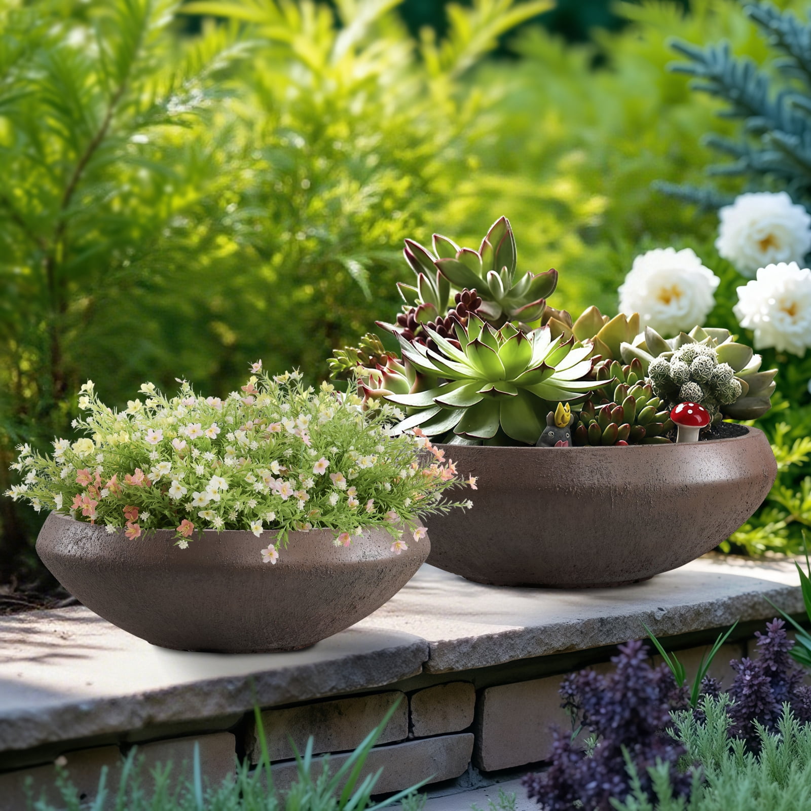 Concrete Bowl Planter, 18.9 Inch Dia Succulent Pot with Drain Hole, Lotus Planter 16.7-inch Opening, 6.4-Inche Height, Medium, Rust