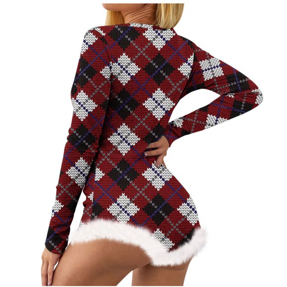 Women’s Christmas Print V-neck Feather Detail Long Sleeve Sexy Bodysuit Sexy Lingerie Pajamas