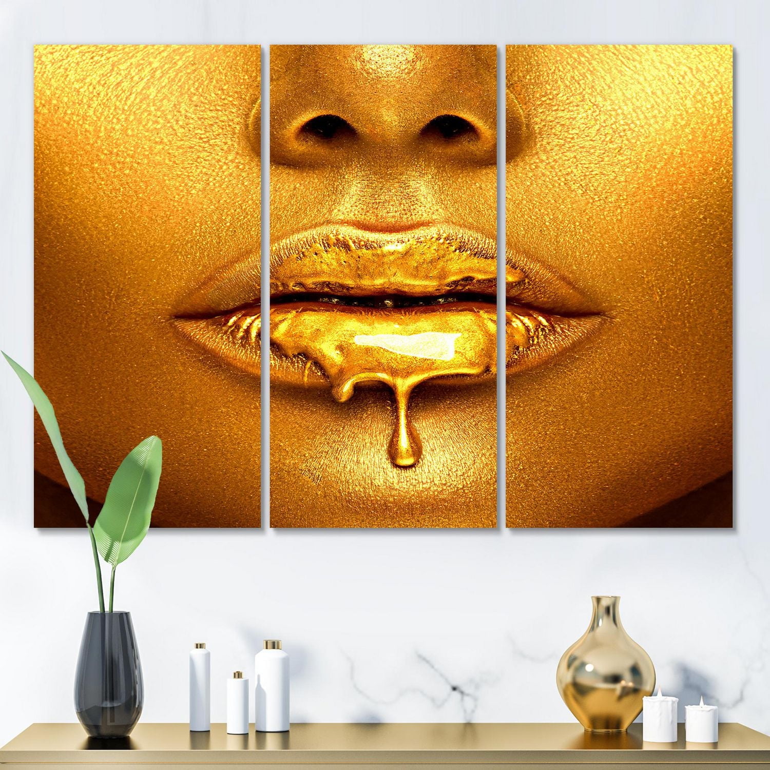 Designart Gold Paint Drips From Sexy Woman Lips Canvas Wall Art