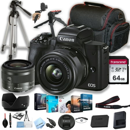 Canon EOS M50 Mark II Mirrorless Digital Camera with 15-45mm Lens + 64GB Memory + Case+ Steady Grip Pod + Tripod+ Software Pack + More (30pc Bundle)