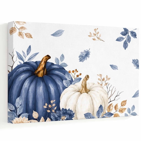 Thanksgiving Canvas Wall Art, Fall Country Harvest Blue White Pumpkin Flowers Leaf Wall Art Prints Artwork Framed Canvas Ready to Hang Art Pictures for Bedroom Living Room Closet Kitchen 16" x 12"