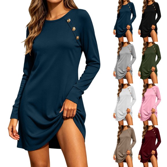 Women Solid Long Sleeve Casual Dress, Crew Neck Dress with Button Decor, Mini Dress for Daily Wear Navy XL(XL)