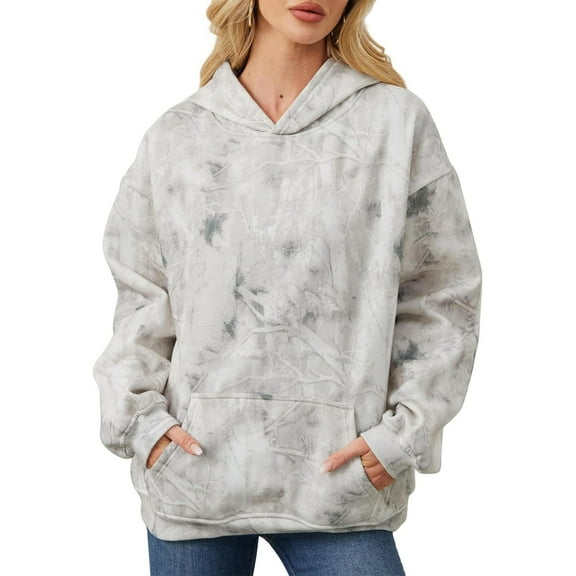 Camo Hoodie Women Oversized Maple Leaf Hooded Sweatshirts Pullover Casual Camouflage Hoodies with Pockets White L