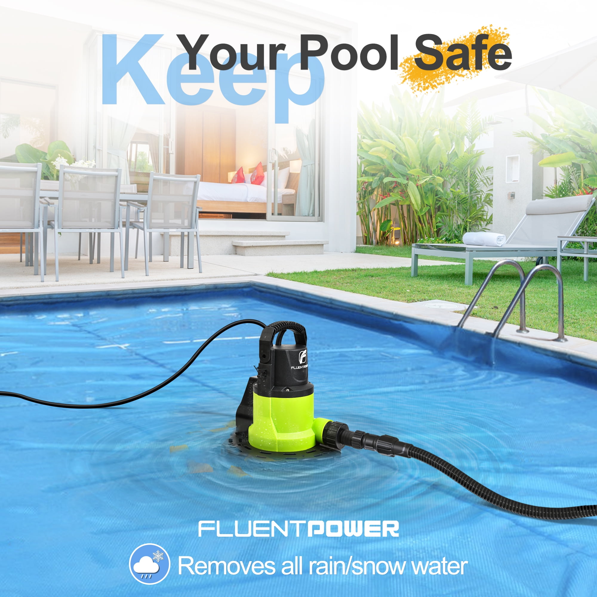 FLUENTPOWER Automatic Pool Cover Pump, 3/4HP 3400GPH Submersible Above Ground Water Removal Pump with Check Valve Adapter