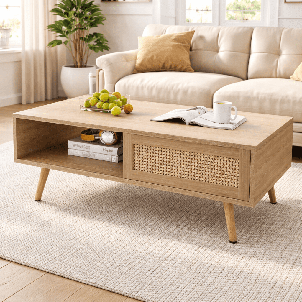 PAPROOS Rattan Coffee Table with Sliding Storage Door, Solid Wood Legs - Ideal for Living Rooms, Natural
