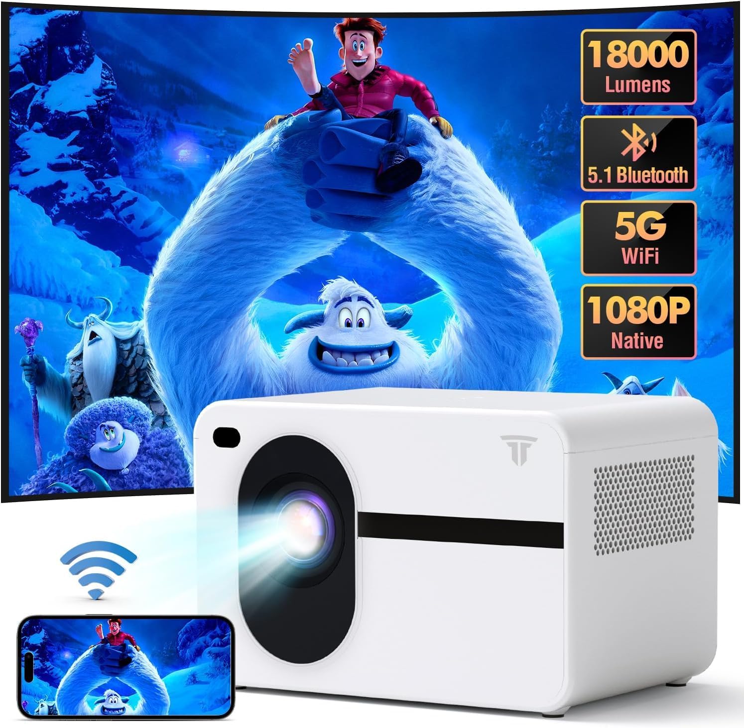 Projector with WiFi and Bluetooth Native 1080P Full HD Projector 18000 Lumens Outdoor 200" Projection Screen Video Movie Proyector Compatible with Smartphone, HDMI,USB,AV,Fire Stick, PS5, White