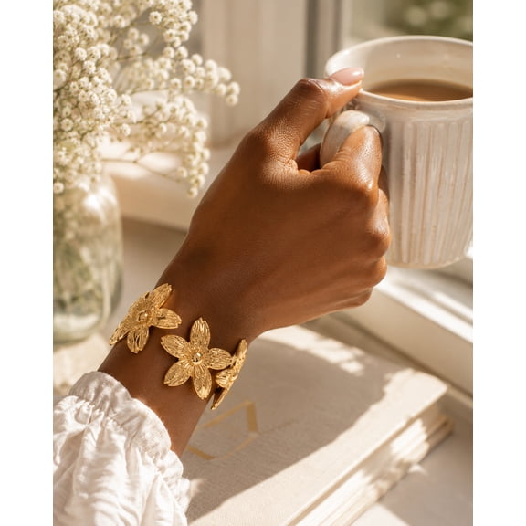 Gold Floral Open Cuff Bracelet For Women