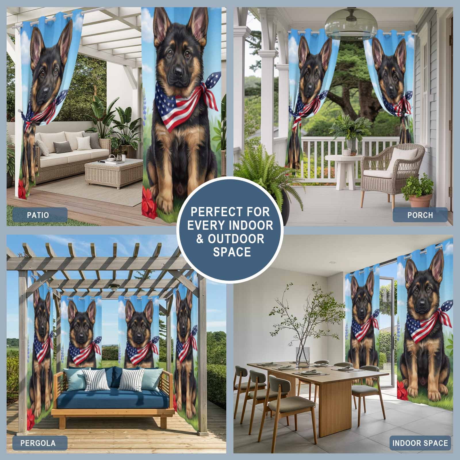 Independence Day Outdoor Curtains for Patio, American Flag Cute Dog Puppy Colorful Flowers Sunshade Privacy Drapes Grommet Waterproof Outside Curtains for Porch/Cabana/Balcony 54"x 108", 1 Panel