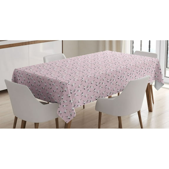 Exotic Tablecloth, Japanese Crane Birds in Pastel Tones Freedom Retro Oriental Graphic, Rectangle Satin Table Cover Accent for Dining Room and Kitchen, 60" X 90", Pale Pink White Grey, by Ambesonne