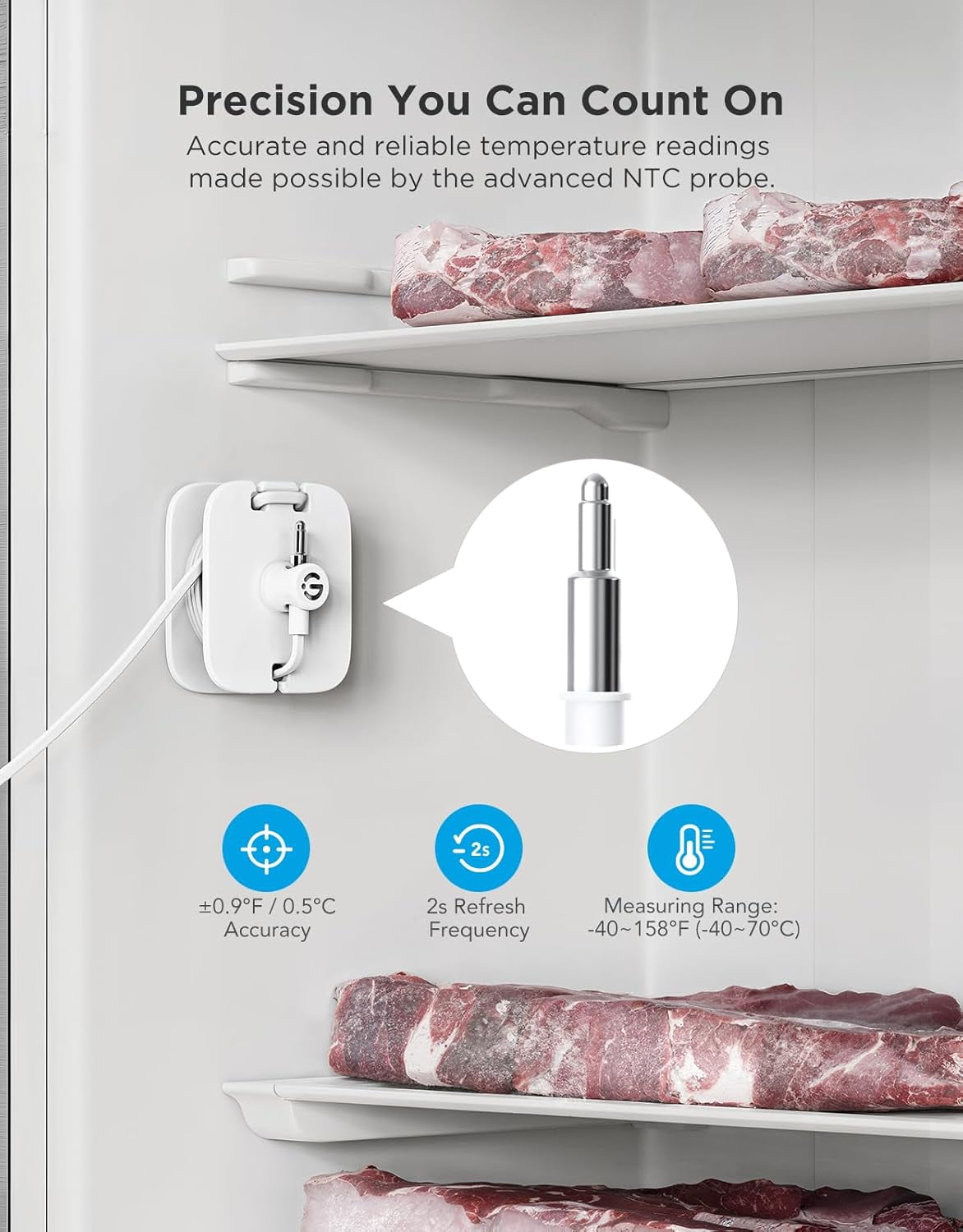 WiFi Refrigerator Thermometer with Alarm, Wireless Digital Freezer Temperature Gauge with App Control, 2 Years Free Data Export, for Home Kitchen Fridge Hot Tub