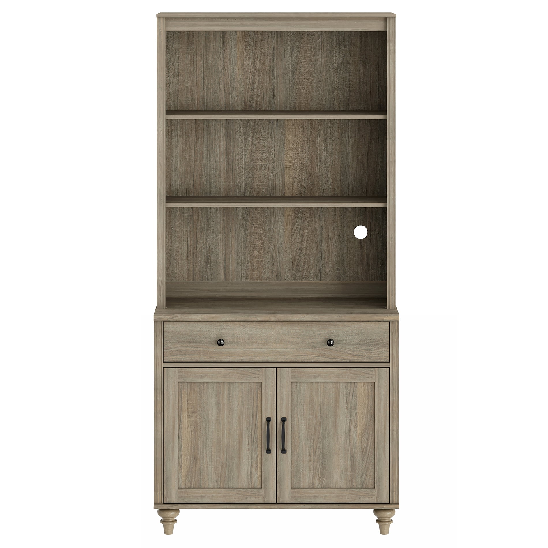 Farmhouse 5 Tier Bookcase With Drawer & Doors, Wash Gray, 33.9" W