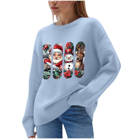 IROINNID Womens Christmas Print Sweater Pullover Long Sleeve Round Neck Casual Fashion Crewneck Blouse Tops for Holiday Party Daily Wear(Light Blue#2 4XL)