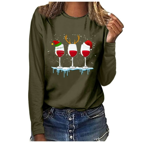 WREESH Womens Fashion T-Shirts Christmas Shirts Crewneck Print Pullover Regular Fit Long Sleeve Tops Loose T-Shirt Blouse Casual Tops Olive Green