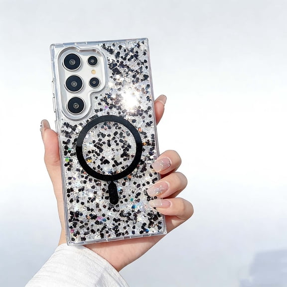 For Samsung Galaxy S24  Phone Case,Compatible with Wireless Charging,Bling Glitter Sequins Back Design,Dazzling Cute Shockproof Ultra Slim Anti-fall Drop Protection,Rugged Phone Case,Black
