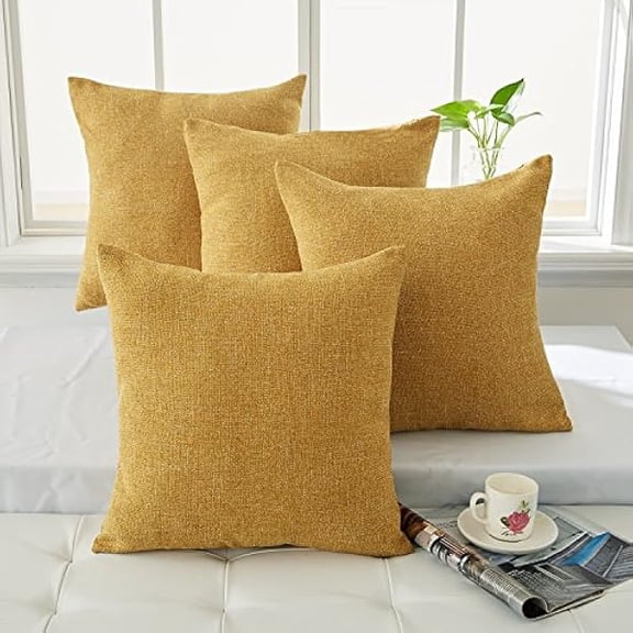 Eryueer Set of 4 Faux Linen Throw Pillow Case Cushion Protector Cushion Covers for Christmas with Invisible Zipper 16 x 16 Inch Mustard Yellow
