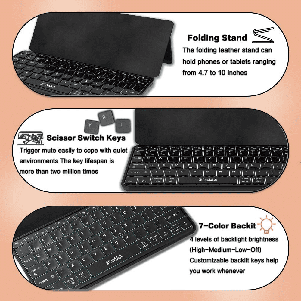 JOMAA Backlit Dual Bluetooth Keyboard Recahrgeable Mini Wireless Keyboard with Any-Angle Kickstand & Leather Cover for Android, Windows and iOS