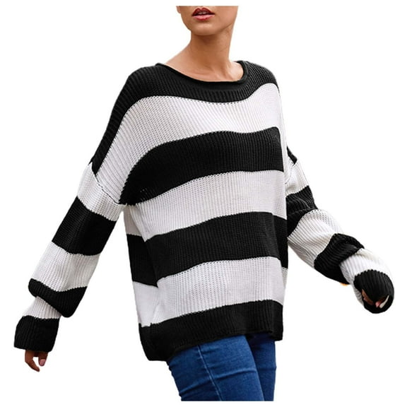 UJNDER Casual Loose Fit Crew Neck Sweater for Women Fringed Striped Design Pullover Black L