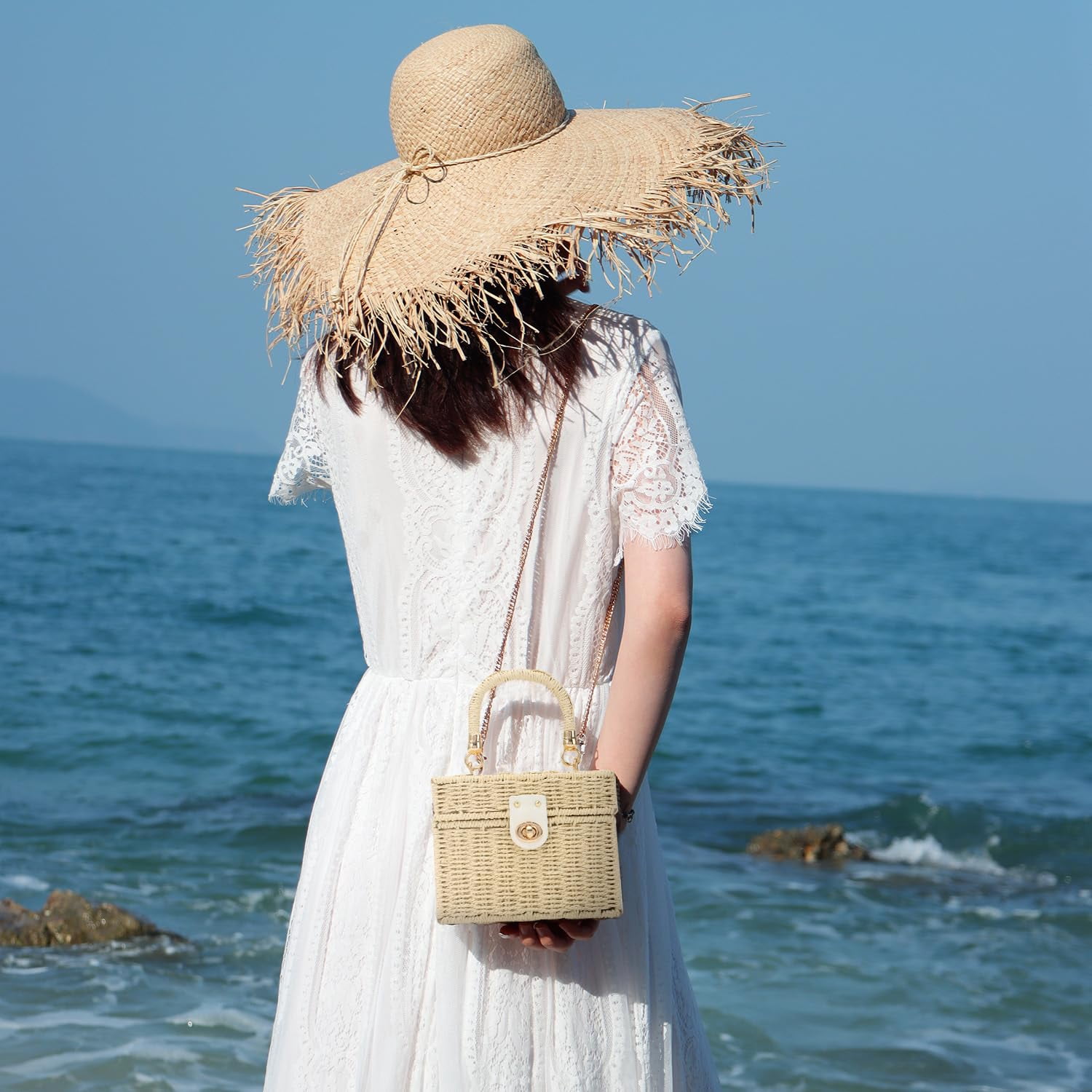 Rattan Purse for Women Summer Tote Handbag Woven Bakset Crossbody Bag Trendy Beach Top Handle Bag