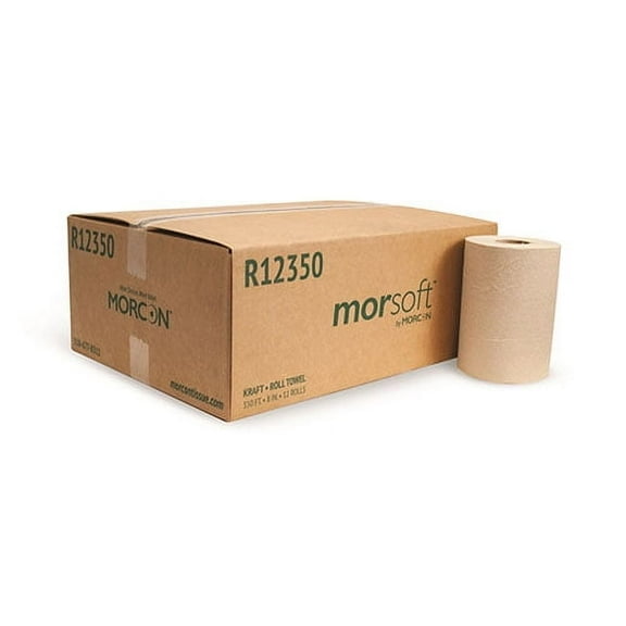 Morsoft R12350 Hard Roll Paper Towels, 8" Width, Kraft, 350 Feet/Roll, 12 Rolls