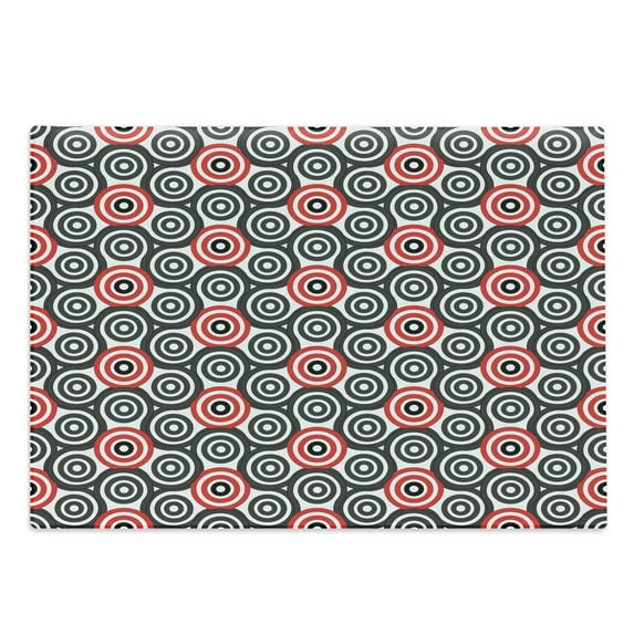 Geometric Circle Cutting Board, Interlace Spiral Labyrinth Blind Oval Linked Mosaic Image Print, Decorative Tempered Glass Cutting and Serving Board, Large Size, Red Black, by Ambesonne