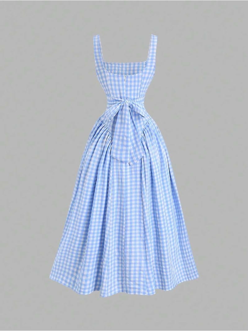 blue and white square neck dress Gingham Fit & Flare Midi Fresh and playful sheer sleeve evening dress Gothic Fairy Mini Dress SIZE:4XL