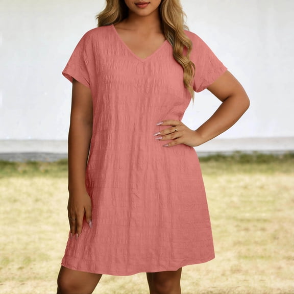 QUNYINEY Casual Dresses for Women Plus Size Short Sleeve Mini Pink Sundress Vacation V Neck Loose Fit Summer Dress