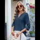 thumbnail image 4 of Blusas Casuales con Cuello en V y Ojales Bordados para Mujer, Blusas Playeras Elegantes. Azul Profundo L, 4 of 10