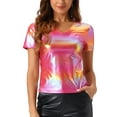 thumbnail image 1 of INSPIRAR CHIC Blusa de Mujer Fiesta Cuello en V Manga Corta Brillante Top Metálico L Rosa, 1 of 5