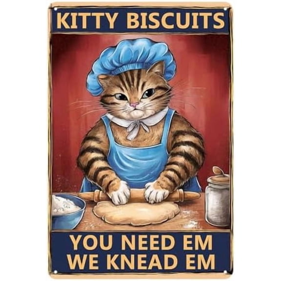 Cat Wall Art Vintage Kitchen Decor For Cat Lovers Whimsical Home accessories Funny Themed Gifts For Women Kitty Biscuits You Need Em We Knead Em Metal Tin Signs Kitchen Decor 8 x 12 Inch