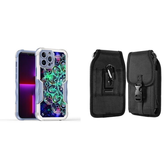 Case and Pouch Bundle for iPhone 14 Pro Max: Heavy Duty Armor Rugged Case (Teal Galaxy Mandala) and Vertical Nylon Buckle Belt Holster