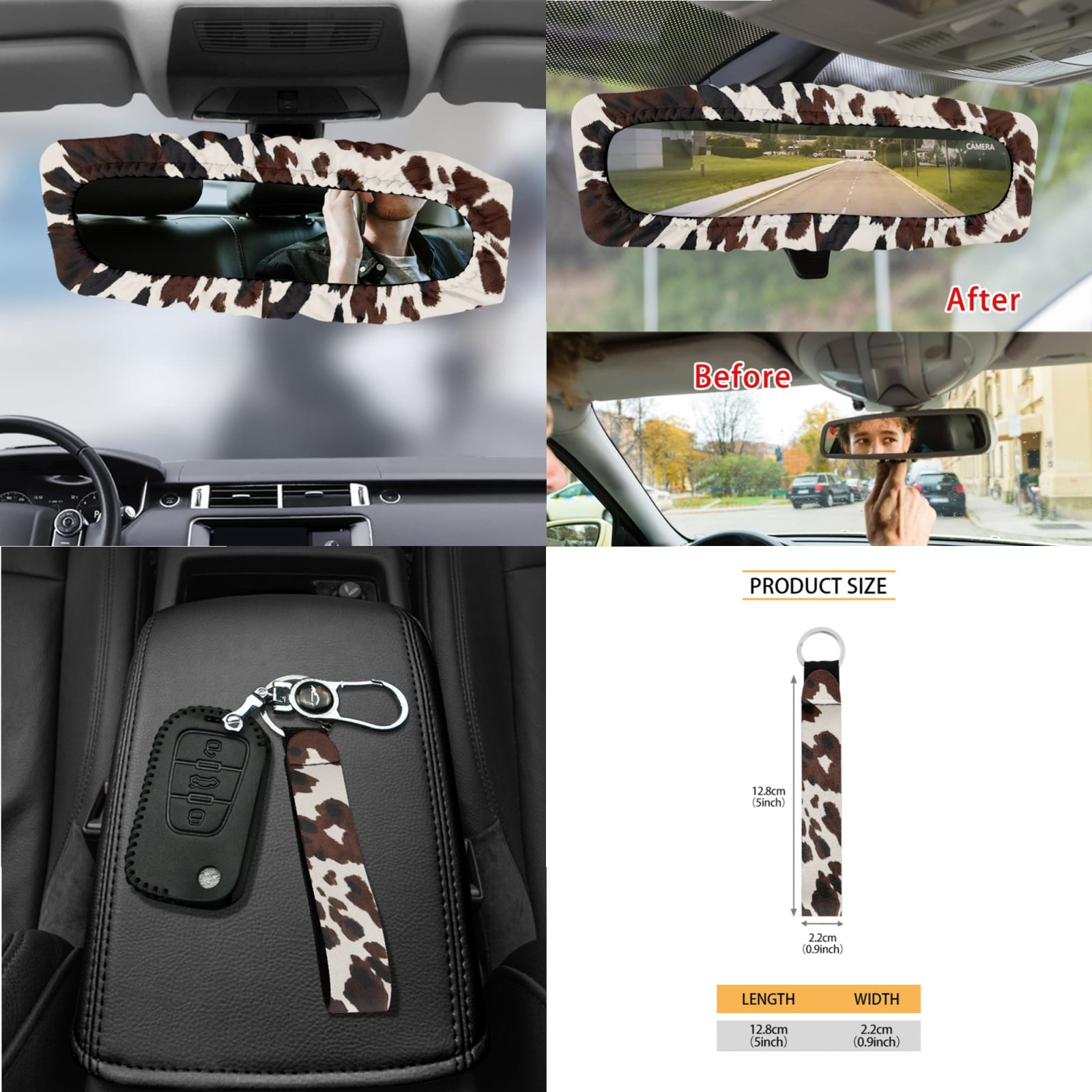 Xoenoiee Black Brown Cow Print 15 Pieces Car Seat Cover Set with Auto Steering Wheel Cover Seat Belt Strap Protector Cup Holder Trash Bag Air Vent Storage Pocket Rear View Mirror Protector Keychain