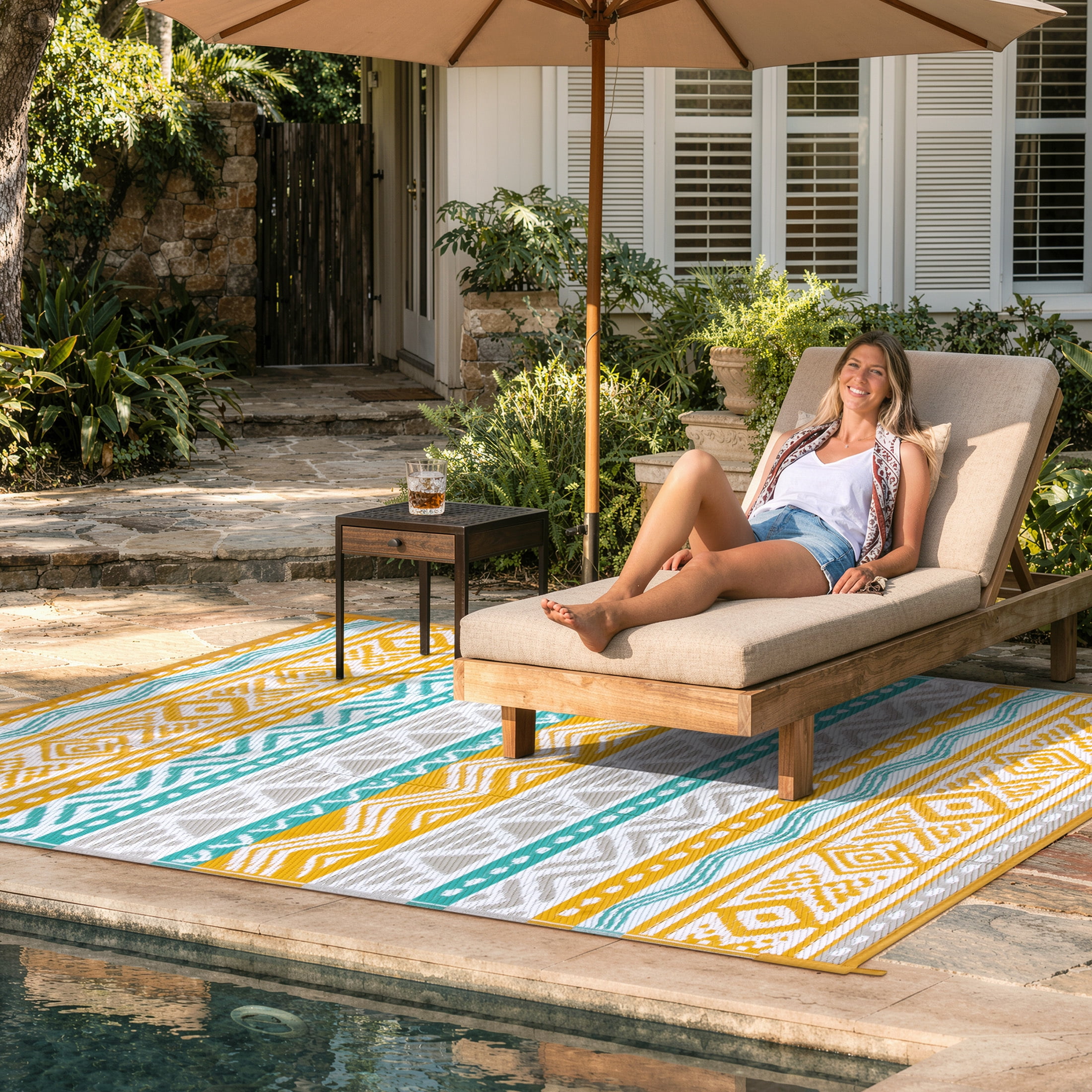 Moynesa Outdoor Rug Waterproof, 4'x6' Lightweight Plastic Straw Rug for Camping RV, Reversible Outside Carpet for Patio Deck Porch Balcony Picnic Tent, Blue/Yellow