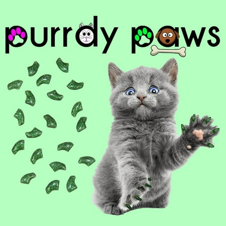 6 Month Supply - Purrdy Paws Green Glitter Soft Nail Caps for Small Cats Claws - Extra Adhesives
