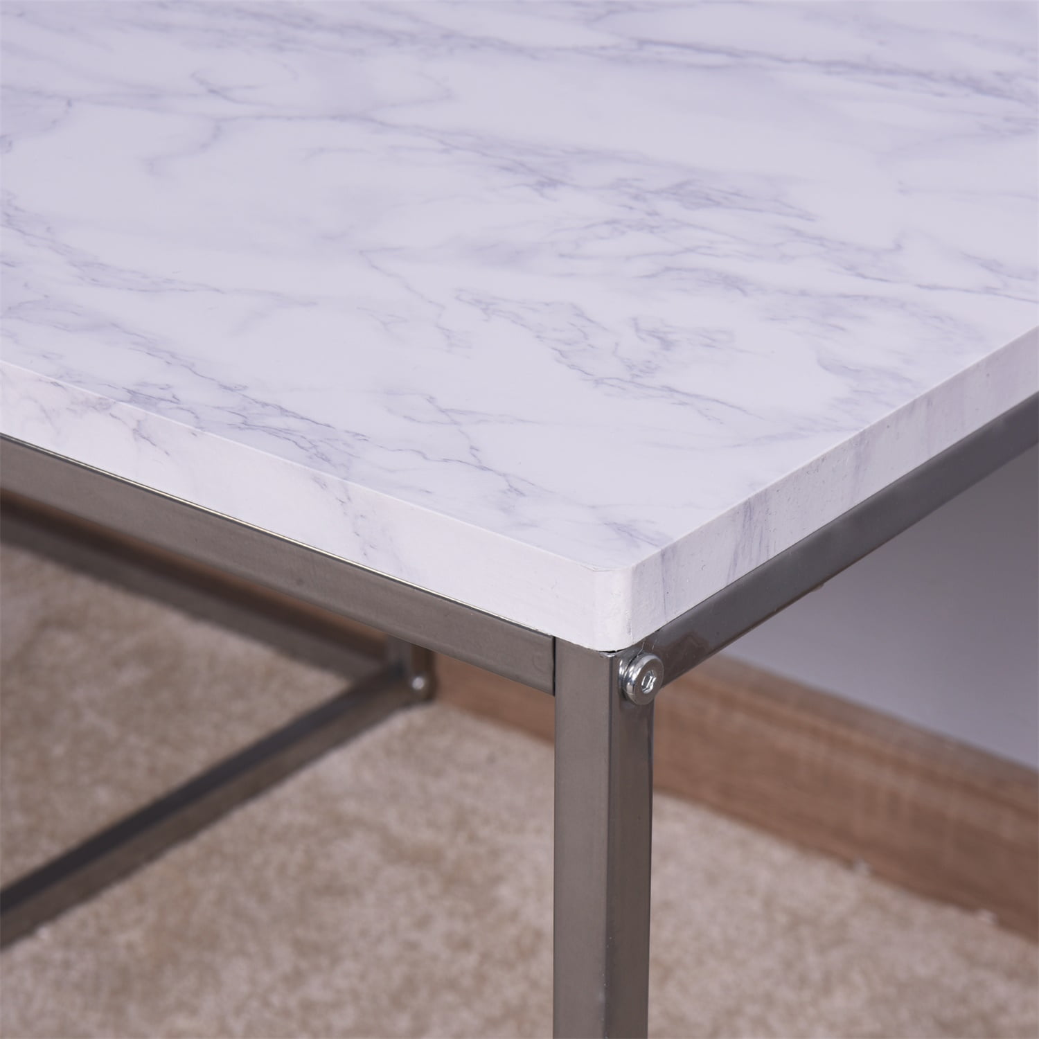 Living Room White Nesting Table, Coffee Table with Wooden MarbleTop, Metal Legs, White