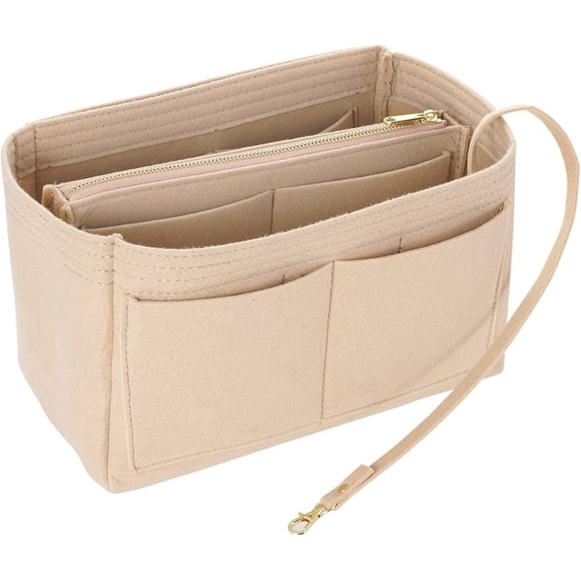 Organizador de monedero para bolsos, organizador de fieltro premium con bolsillo con cremallera, (mediano, beige)