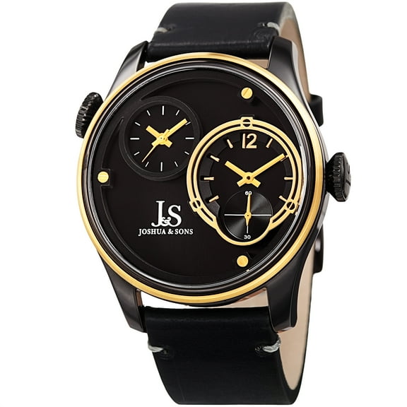Men's Quartz Dual Time Stainless Steel Gold-Tone Leather Strap Watch
