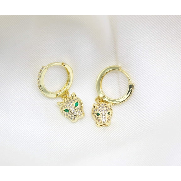 18K Gold Filled CZ Panther Head Dangle Huggies Earrings
