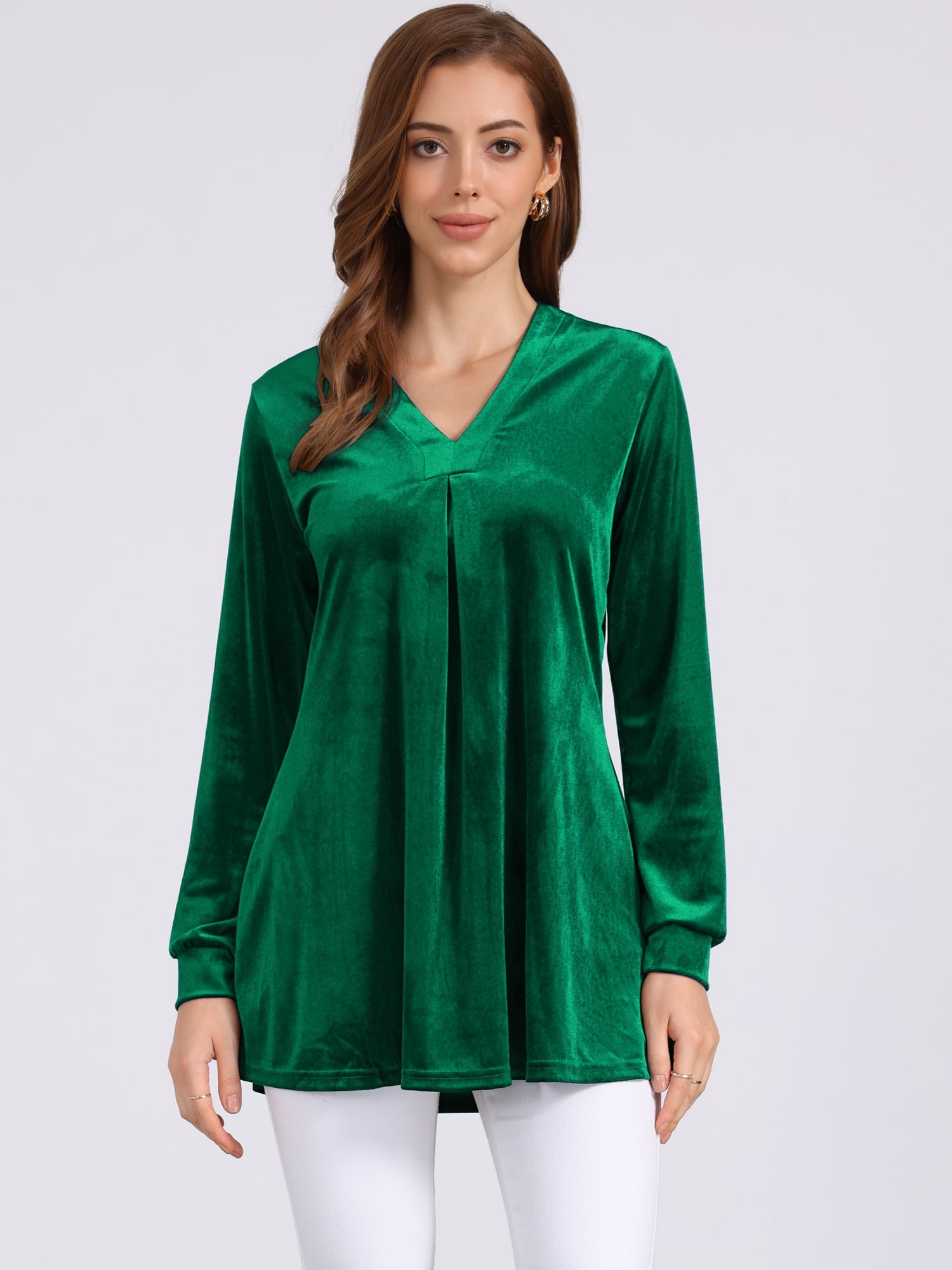 DARING DIVA Women's Velvet Top V Neck Long Sleeves Loose Blouse M Dark Green