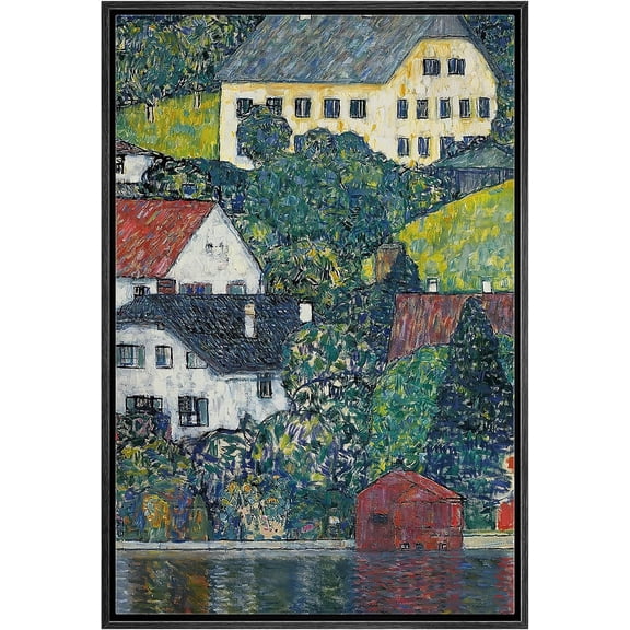 PixonSign Framed Canvas Print Wall Art Houses at Unterach by Gustav Klimt Nature Wilderness Illustrations Retro Decorative Floral Botanical Minimal Calm/Relax/Cozy Fine Art - 16"x24" Black