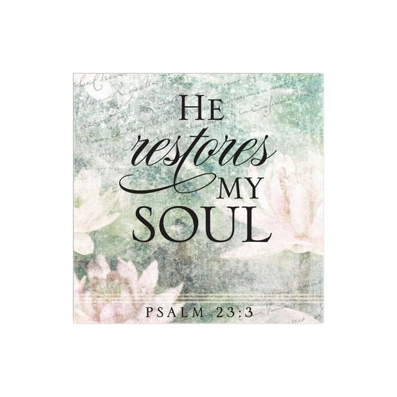 He Restores My Soul Green Floral Script 12 x 12 Wood Wall Sign Plaque