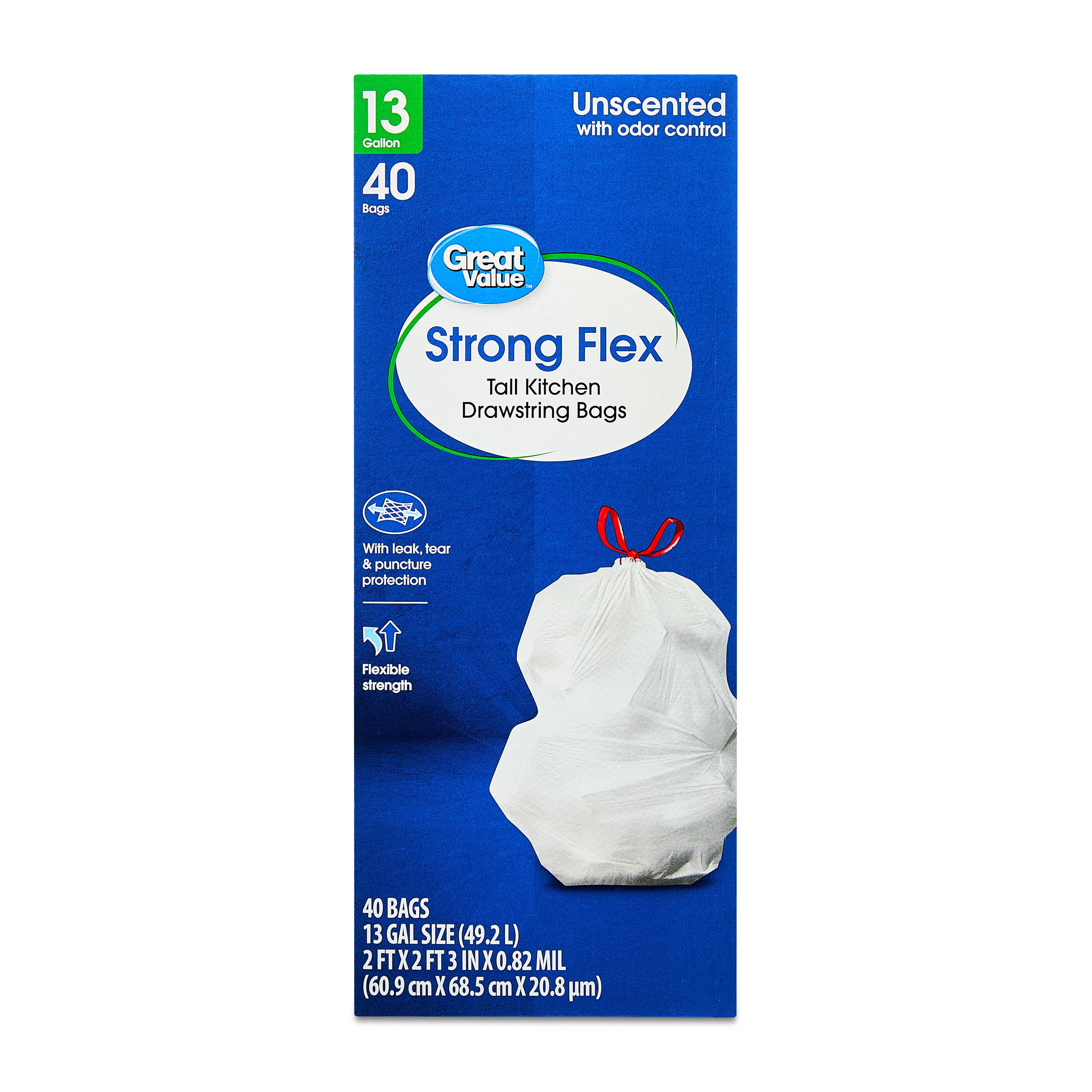 Great Value 13 Gallon Strong Flex Tall Kitchen Drawstring Bags, 40 Bags