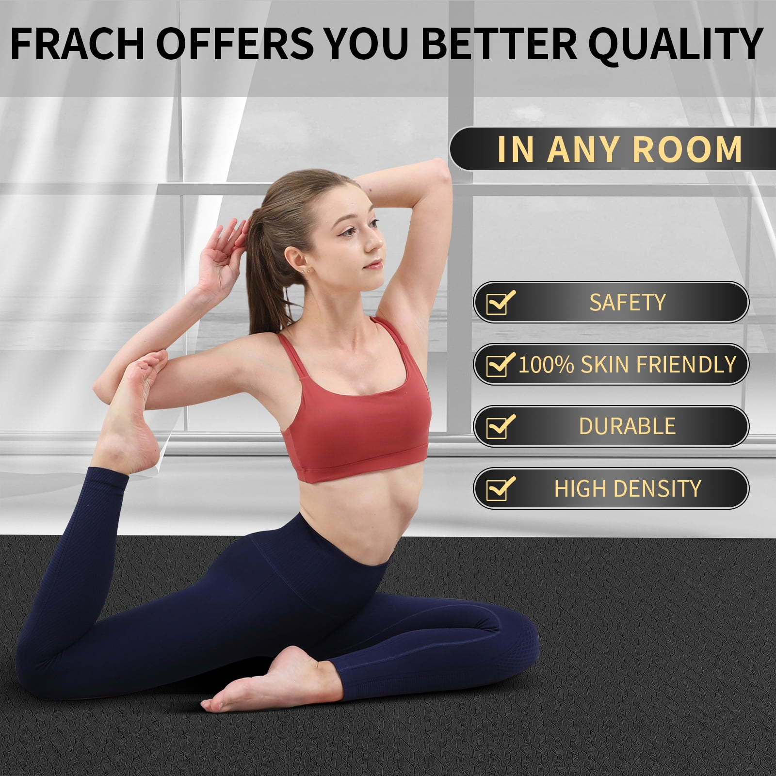 Frach Large Yoga Mat Extra Wide 4 ft,0.3" Thick with Strap, Non-Slip High Rebound for Home and Outdoor,Gym and Travel(Black)