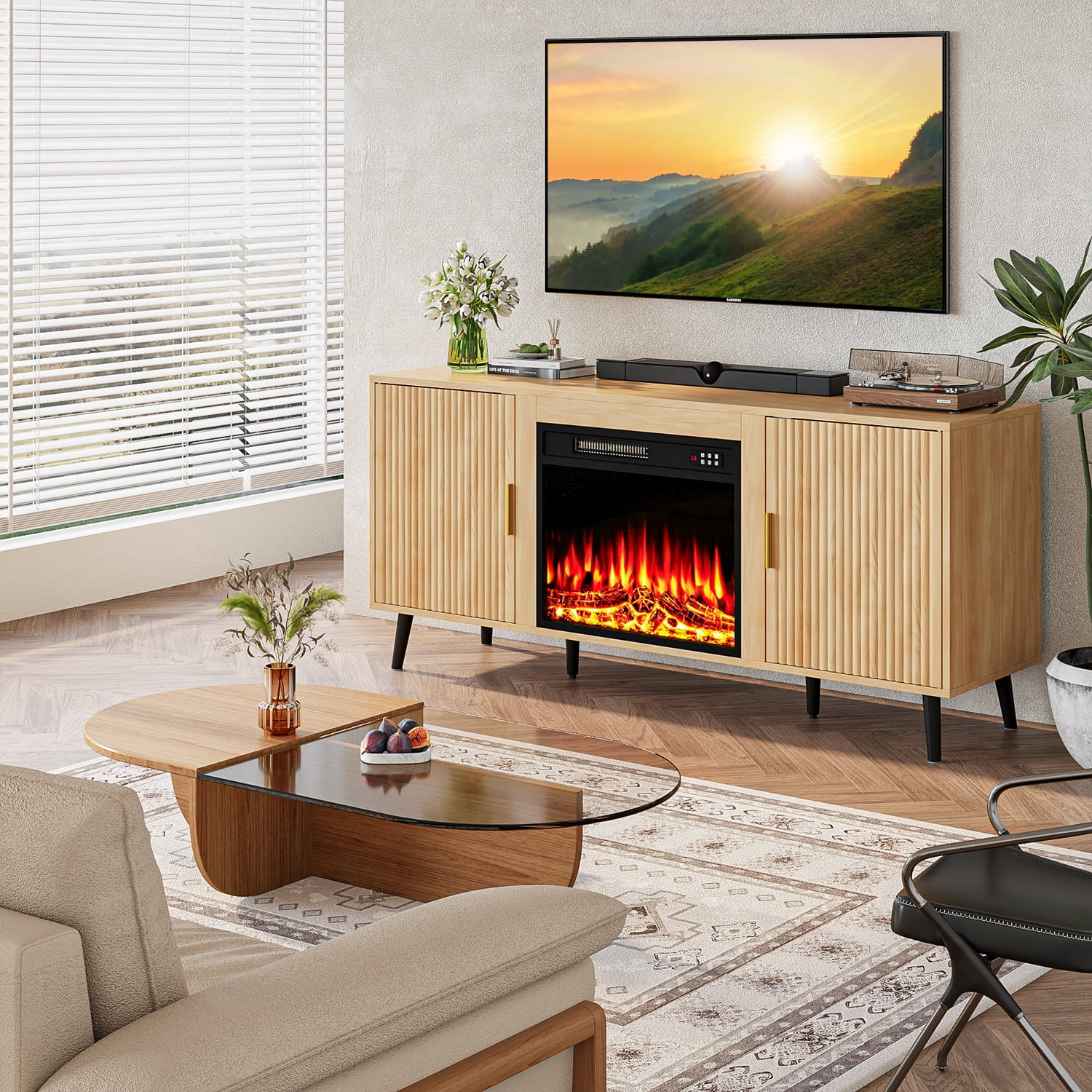 Bossin 58" Wood Mid Century Modern TV Stand with Fireplace, Entertainment Center up to 65" TV,Electric Fireplace TV Stand for Living Room