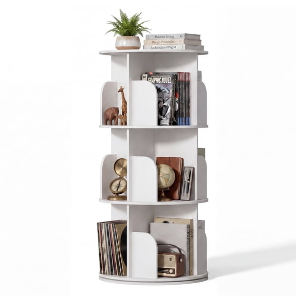 CONCETTA 3-Tier Rotating Bookshelf, 360° Spinning Bookcase with Safety Guard, Space-Saving PVC Storage for Bedroom, White