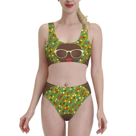Bixox Black Head Woman with Dots Hair Pattern Two-Piece Sports Bikini with U-Shaped Top and High-Waist Bottom - Women s Swimwear with Removable Bra Pads