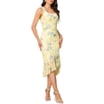 thumbnail image 4 of Summer Floral Bodycon Dress for Women's Sleeveless Square Neck Ruched Mesh Fishtail Dresses XS Yellow, 4 of 6