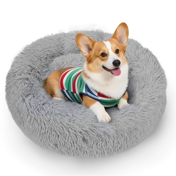 Zephypaws 27" Calming Donut Dog Bed, Round Plush Pet Bed for Dogs & Cats, Cozy Soft Fluffy Puppy Bed for Medium Dogs, Self Warming, Machine Washable, Gray