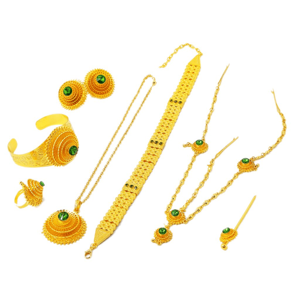 24K Gold Plated Eritrean Ethiopian Traditional Stone Wedding Jewelry Sets Women Wedding Sets S097G