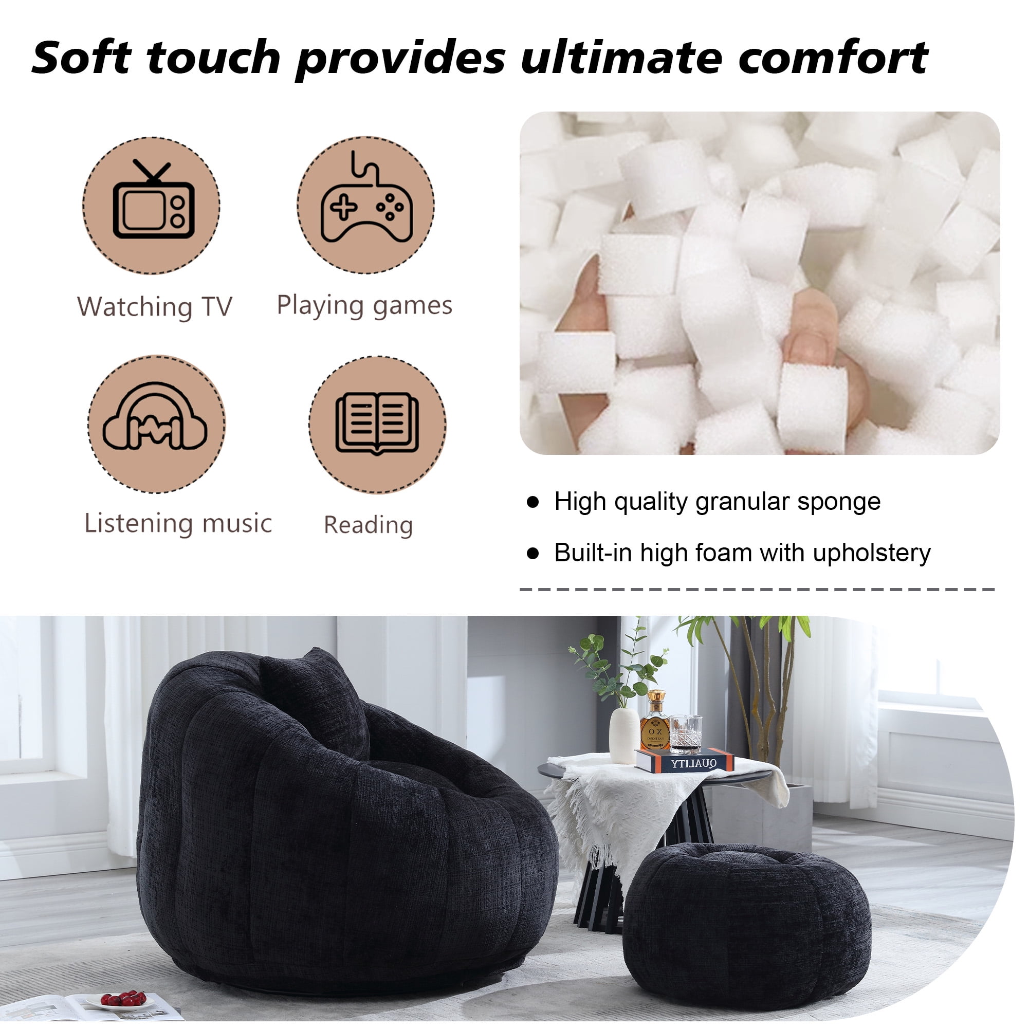 MOONMISS Chenille Upholstered Round Lazy Cozy Bean Bag Chair with Ottoman-BLACK