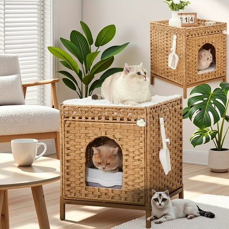 Handwoven Rattan Cat Litter Box Enclosure with Hidden Litter Box Mat - Modern Cat House Metal Heightened Feet Odor-Resistant, Spacious Multi-Functional Furniture for Bedroom Living Room